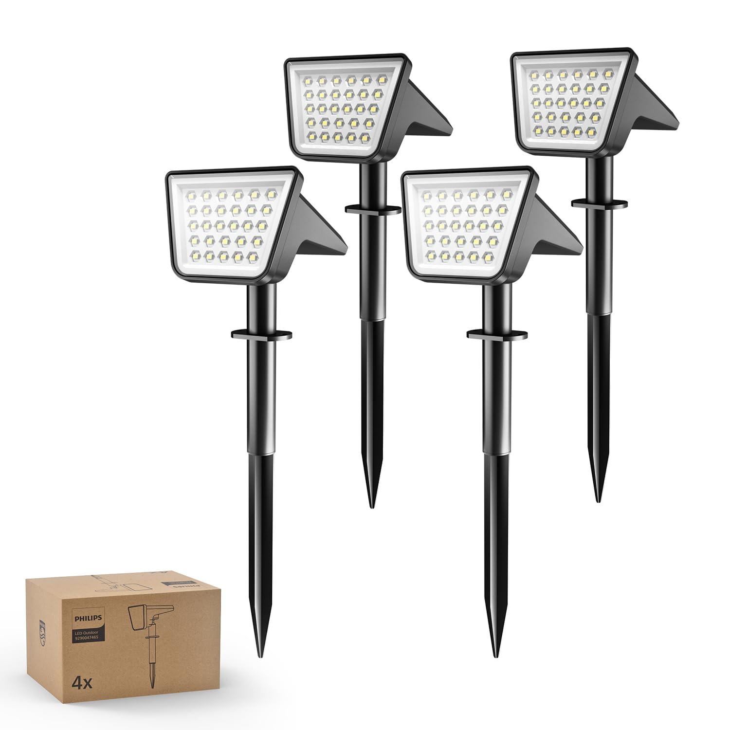 Philips 4 Stück Solarstrahler für Außen Garten, 28 LEDs 7500K Kaltweiß Solarbetriebene Landschaftsbeleuchtung, Wasserdicht Wegeleuchten, Dusk to Dawn – Für Garten, Hof, Rasen, Gehweg