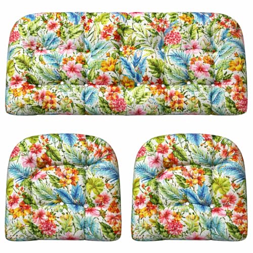 RSH DECOR: 3-Piece Wicker Tufted Cushion Set | 44" x 22" Loveseat & 22" x 22" U-Shapes | Outdoor Replacement Cushions | Water & Fade-Resistant Spun Fabric | Made in USA (Carena Multi)