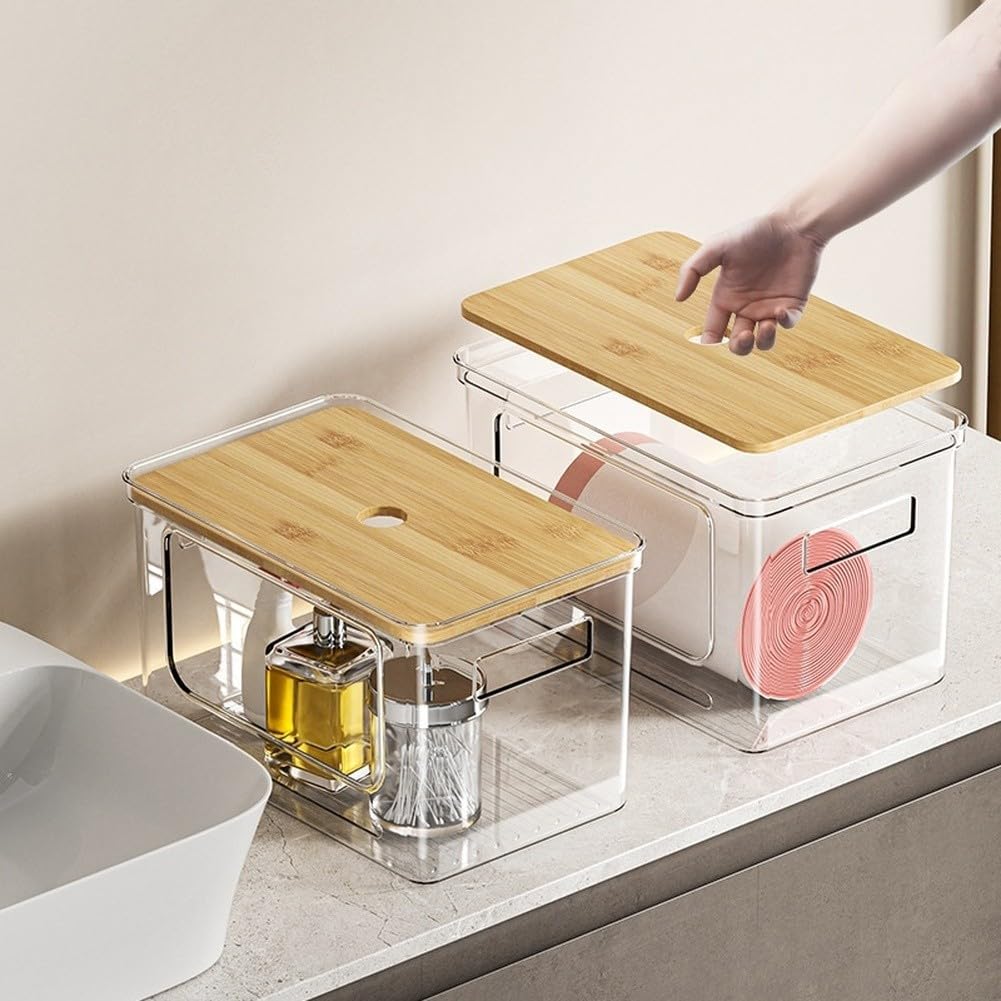 Caja de almacenamiento apilable Tapa de madera PET transparente 29.5cm (G)