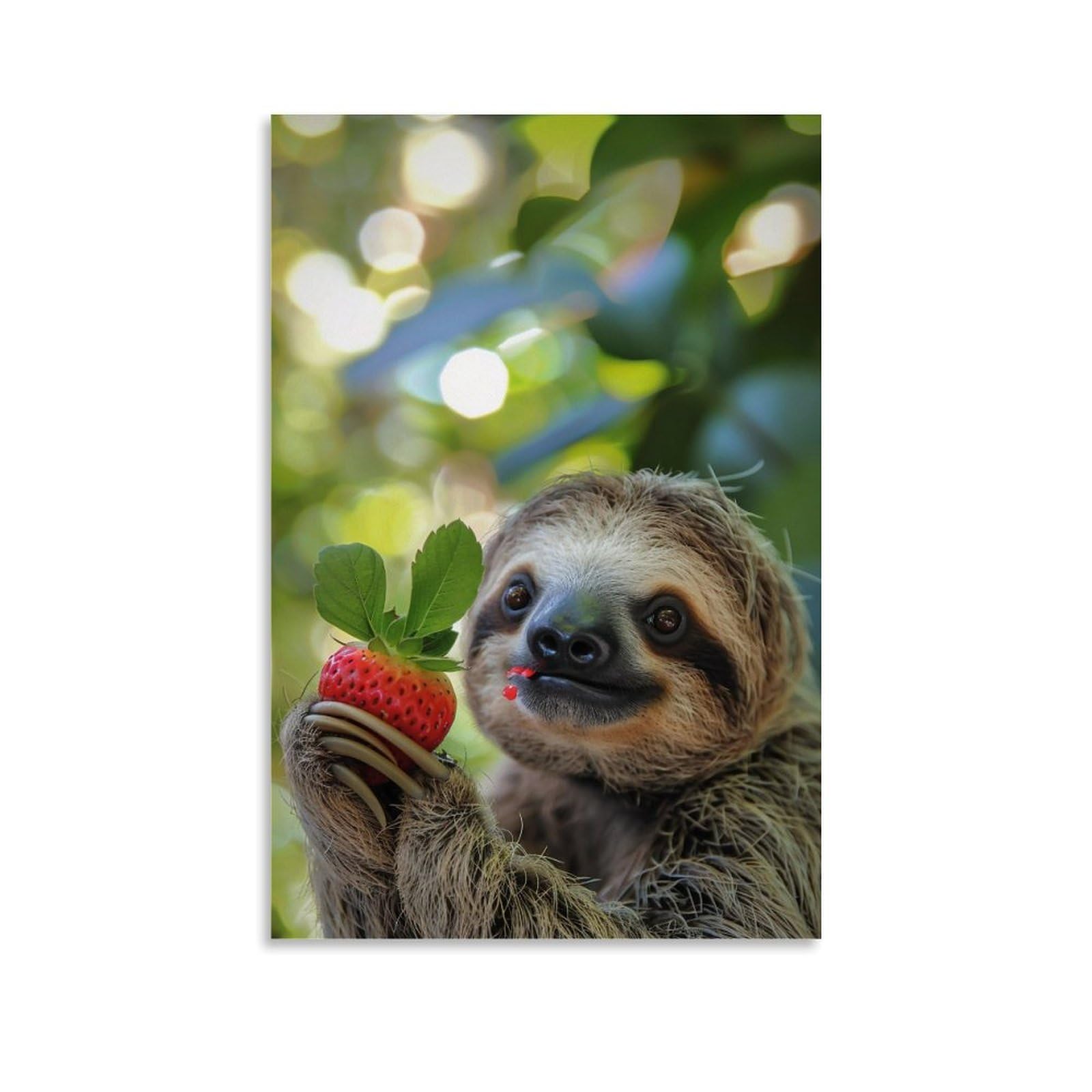 WHOUHJYE Sloth Strawberry Sweet Moment 02 Poster Wall Art Canvas Vintage Aesthetic Painting Decor for Rooms 20x30inch Unframe-style