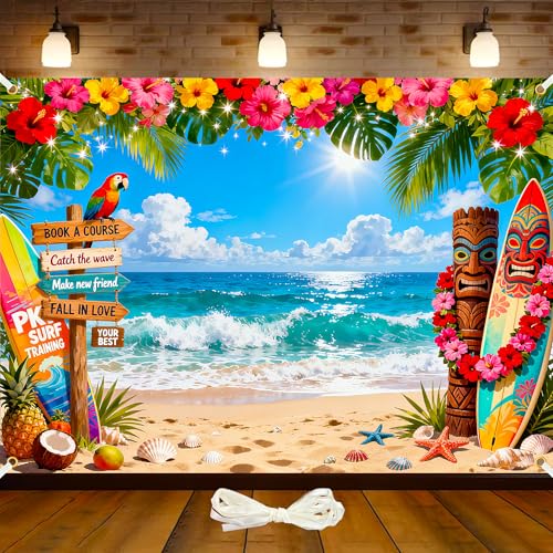 7x5ft Hawaiian Backdrop for Party Summer Beach Backdrop Tropical Flower Palm Leaves Surfboard Background for Luau Aloha Party Decor with 19.68ft Ribbon