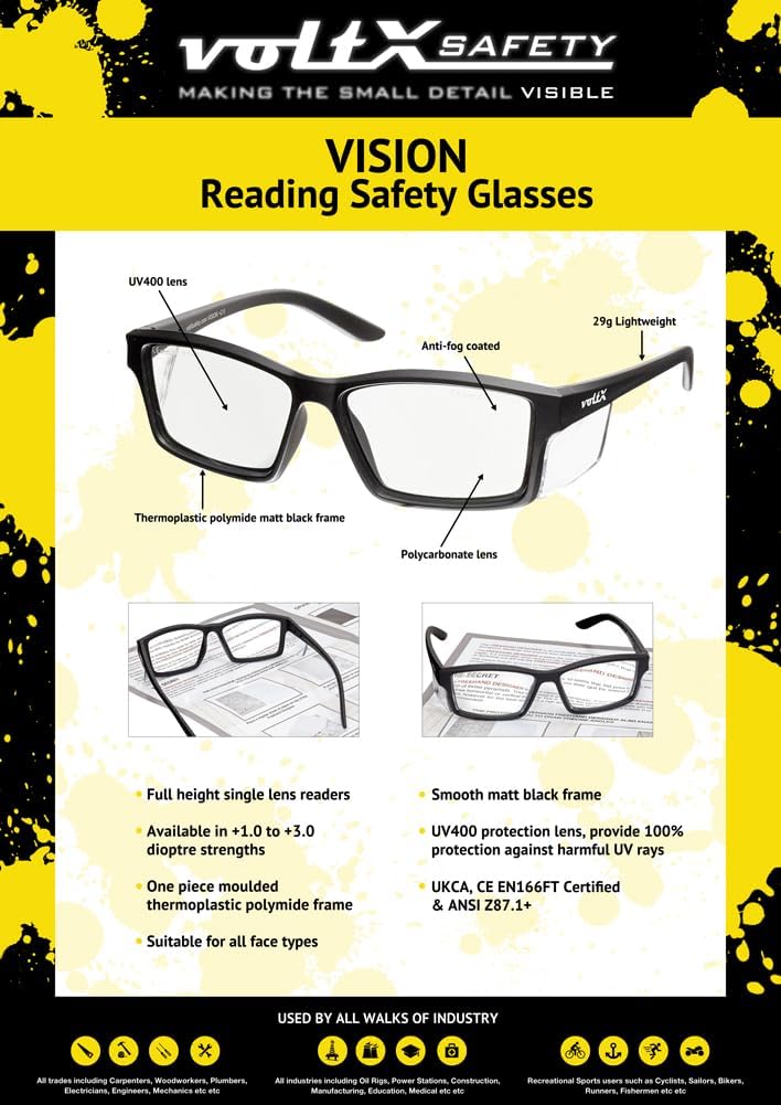 voltX 'VISION' Safety Readers, Full Lens Magnified Reading Safety Glasses (+1.5 Dioptre, Clear lens) ANSI Z87.1+ & CE EN166F - Anti fog coated UV400 lens - Image 9