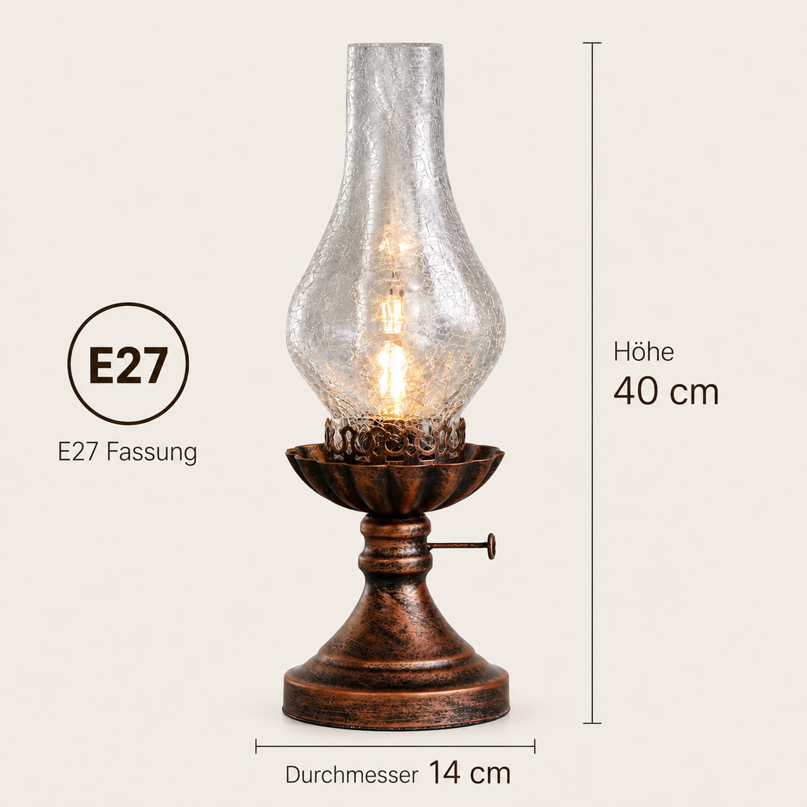 LANMOU Tischlampe Vintage im Petroleumlook, Riss Glas Schirm | E27 Elektrische Retro Petroleumlampe Nostalgische Nachttischlampe im Öllampen-Design, 110 - 240 V, H 40cm