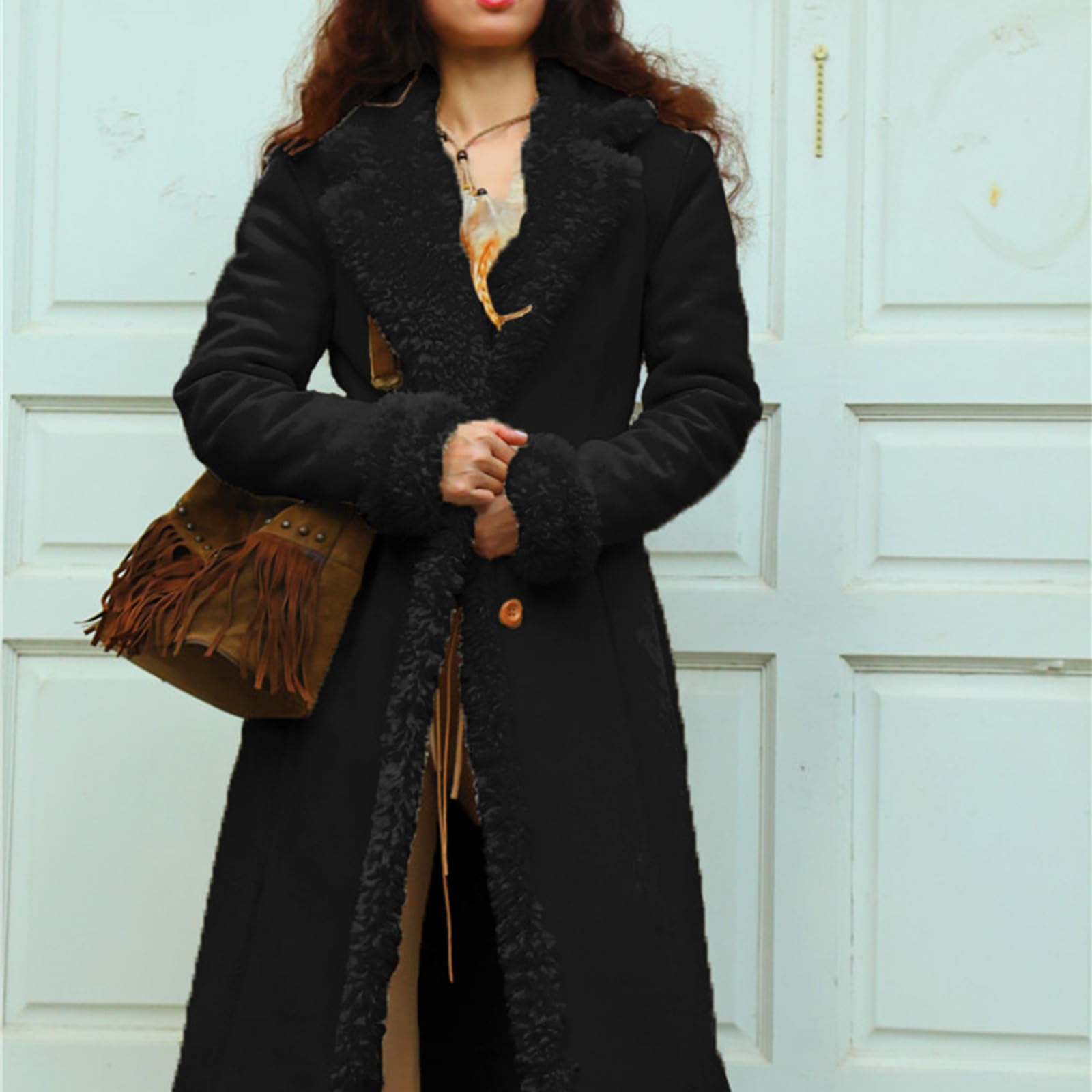 Wintermantel Damen Elegant Bodenlanger Trenchcoat Wollsamt Revers Mantel Warm Gefütterter Fleecemantel Temperament Winterjacke Plüschmantel Thermo Outdoorjacke Plüsch Wollmantel Damenmantel