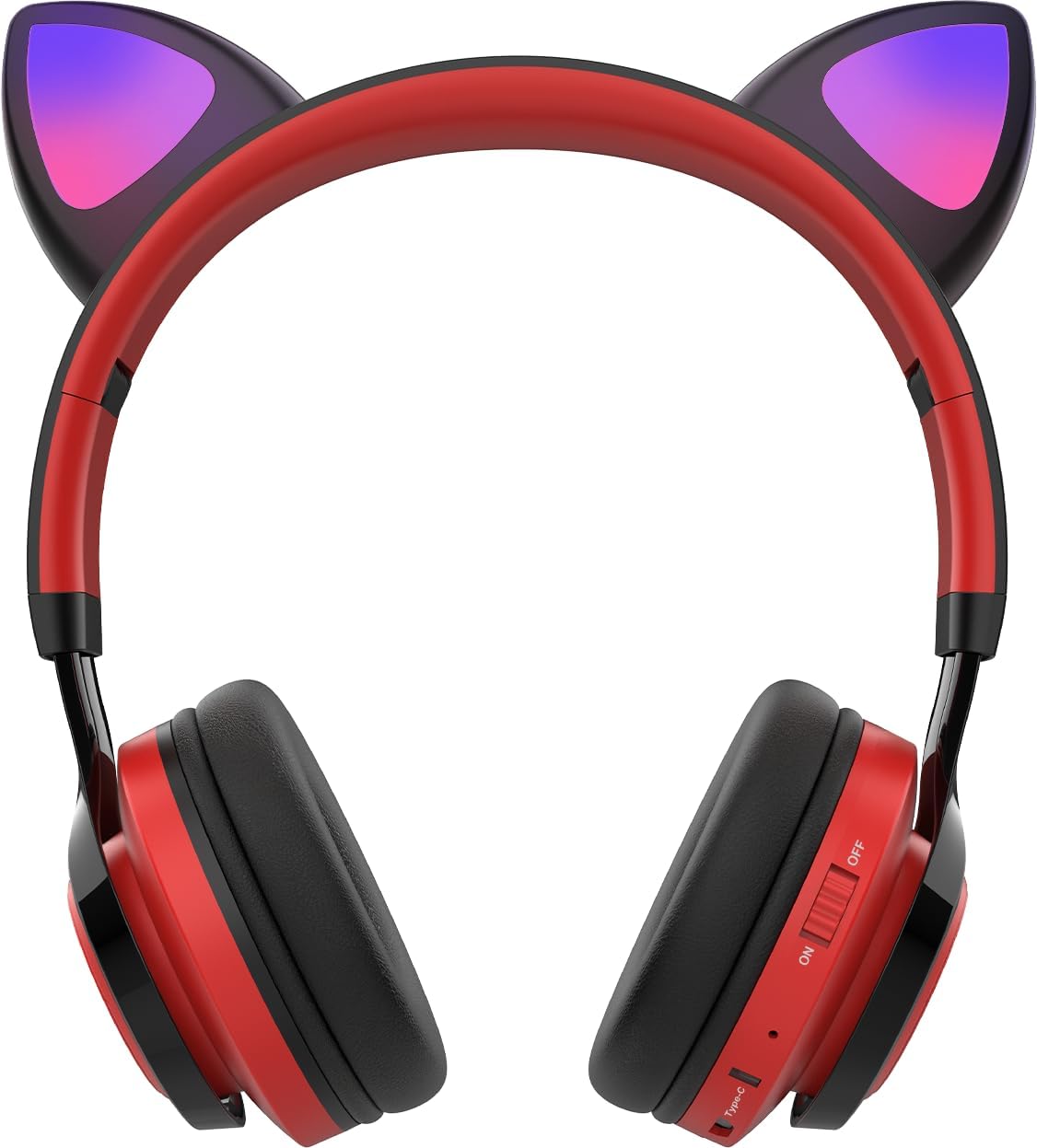 Riwbox CT-7 Cat Ear Bluetooth Headphones, LED Light Up Bluetooth Wireless Over Ear Headphones with Microphone and Volume Control for Travel/School/Smartphones/Laptop/PC/TV （Red&Black）