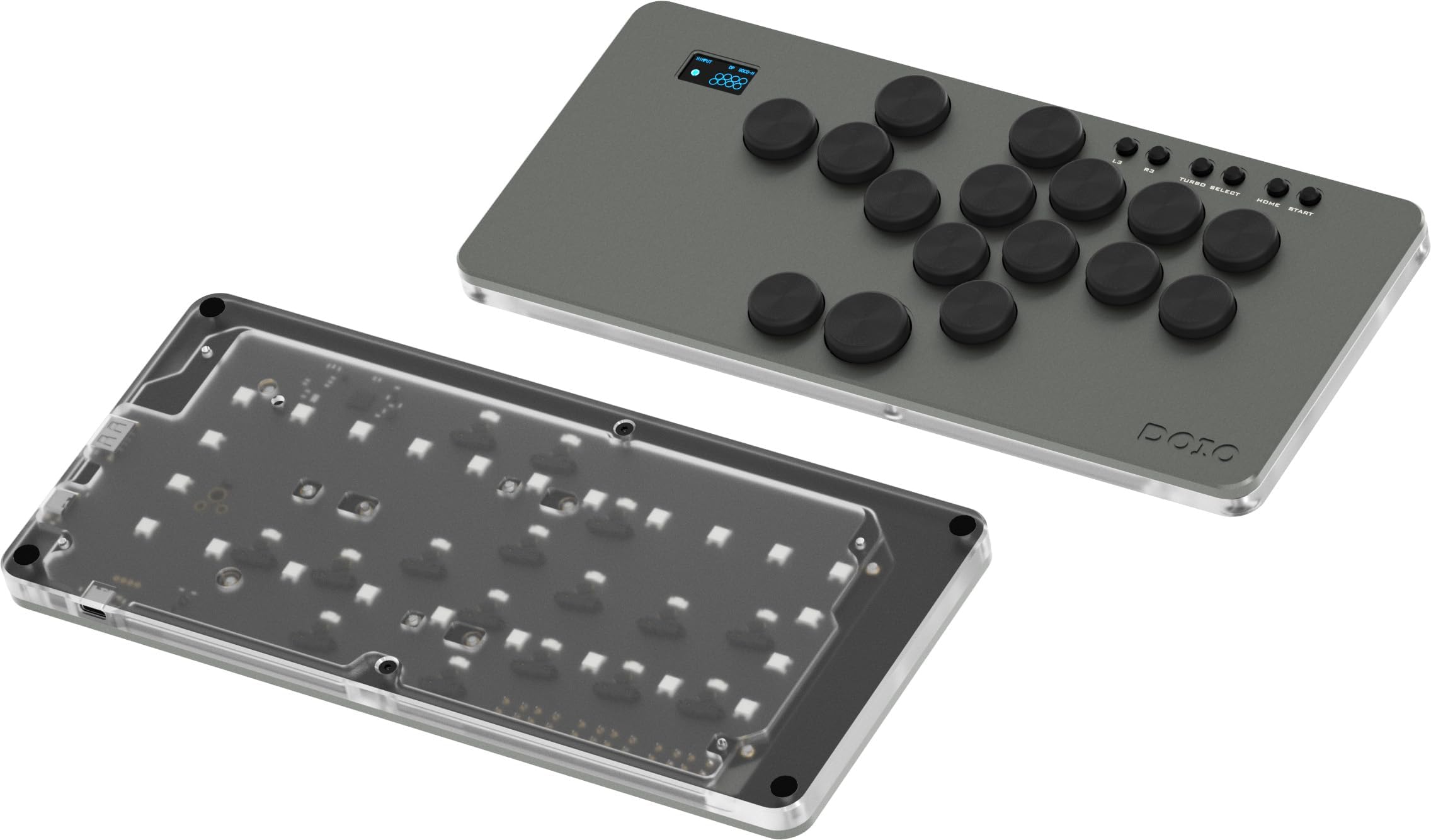 KEEBMONKEY DOIO Hitpad Standard Series Aluminum & Acrylic Gaming Leverless Arcade Controller w/ 0.96' Display, RGB & Dual USB-C for PC/Switch/PS3/PS4/PS5 (Grey)