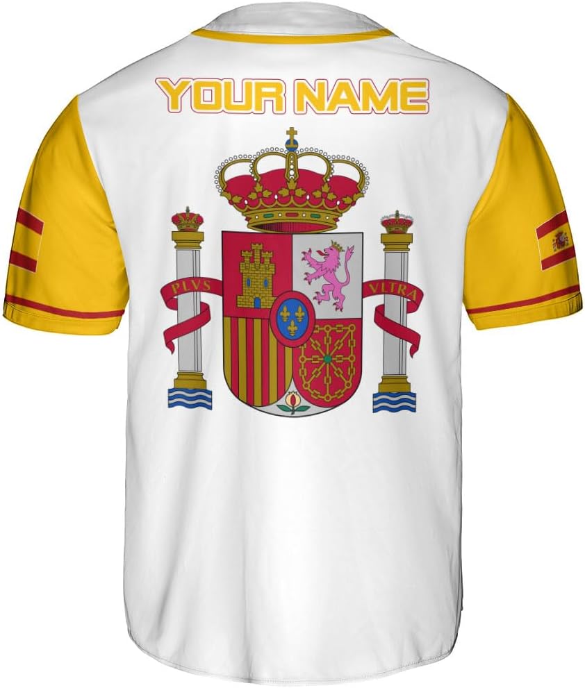 Podagree Personalized Spain Baseball Jersey, Spanish Proud Flag Jersey Shirt Espana Coat of Arms Peruvian Gift for Men Women