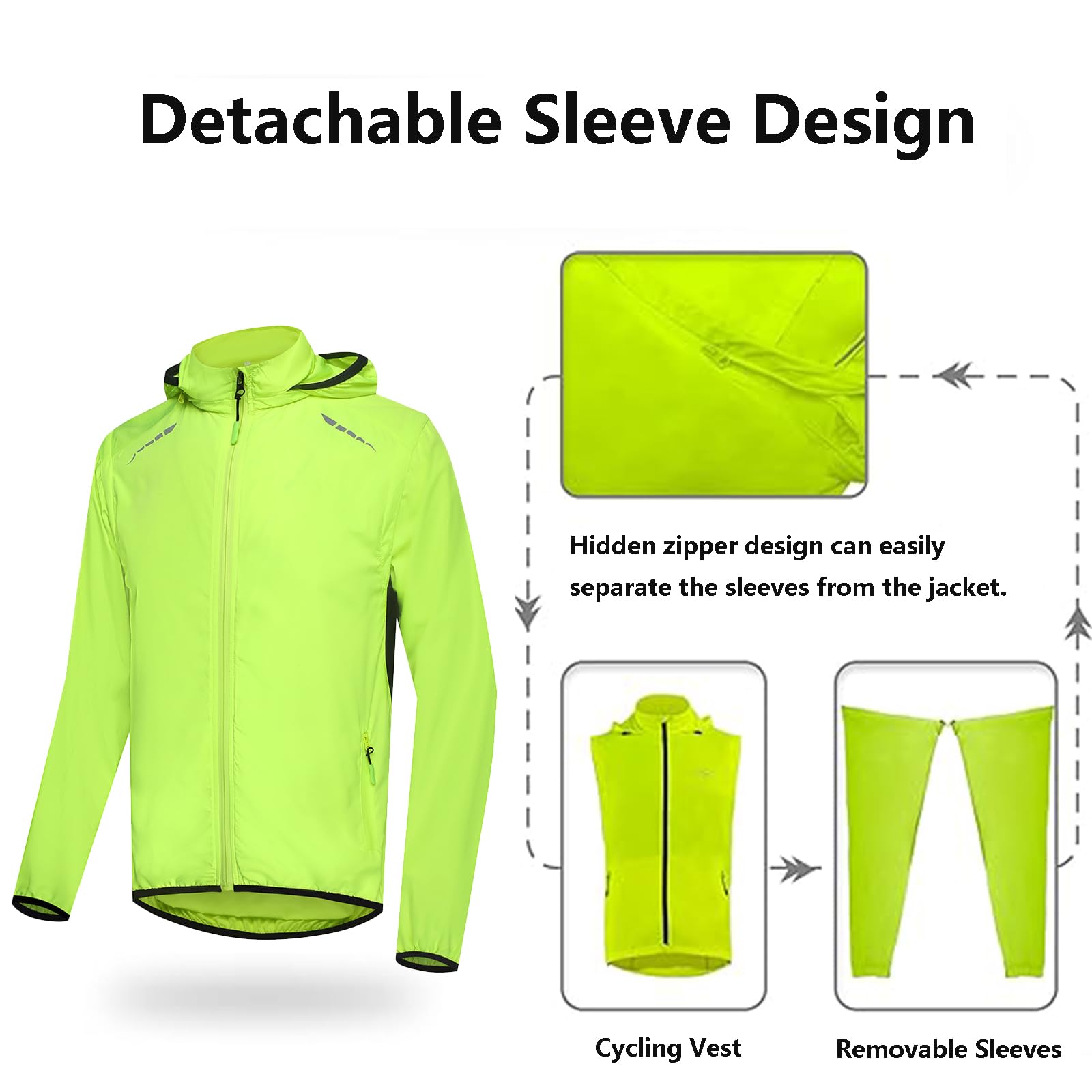 Zwei-in-Eins-Reflektierende wasserdichte Fahrradjacke mit Kapuze für Herren und Damen mit Abnehmbaren Ärmeln, Windjacke mit Durchgehendem Reißverschluss und Kapuze,Green-3XL