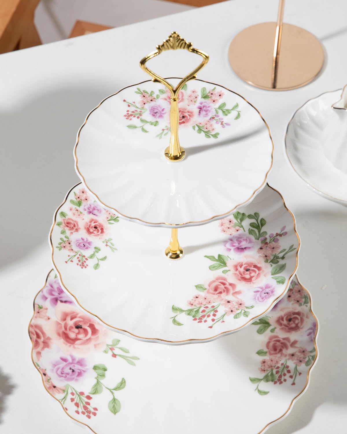 Supporto Per Torta Ceramica A 3 Livelli Sweejar Stand Per Cupcake Da Bagno Per Tea Party Da Servizio Fiore Di Rose~p127740924