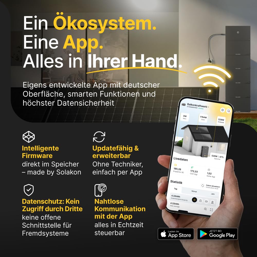 Solakon® ONE All-in-One Balkonkraftwerk Speicher mit 2,11 kWh Kapazität, 2600W über 4 MPPTs, KI-Funktionen, Nulleinspeisung, einheitlichem App-Ökosystem, Plug & Play