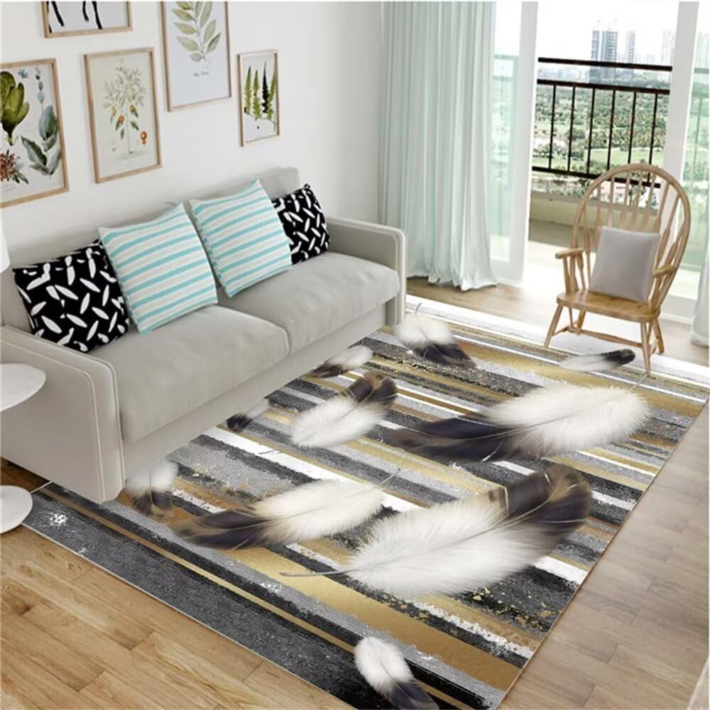 Tapis rectangulaire gris et blanc 200x300 cm à motif plumes pour salon