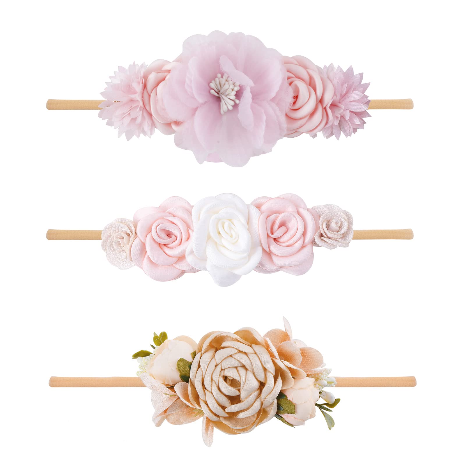 Diadema floral de nailon con corona de flores, 3 piezas de accesorios para el cabello, regalo para niñas, tamaño elástico, 3 piezas/juego