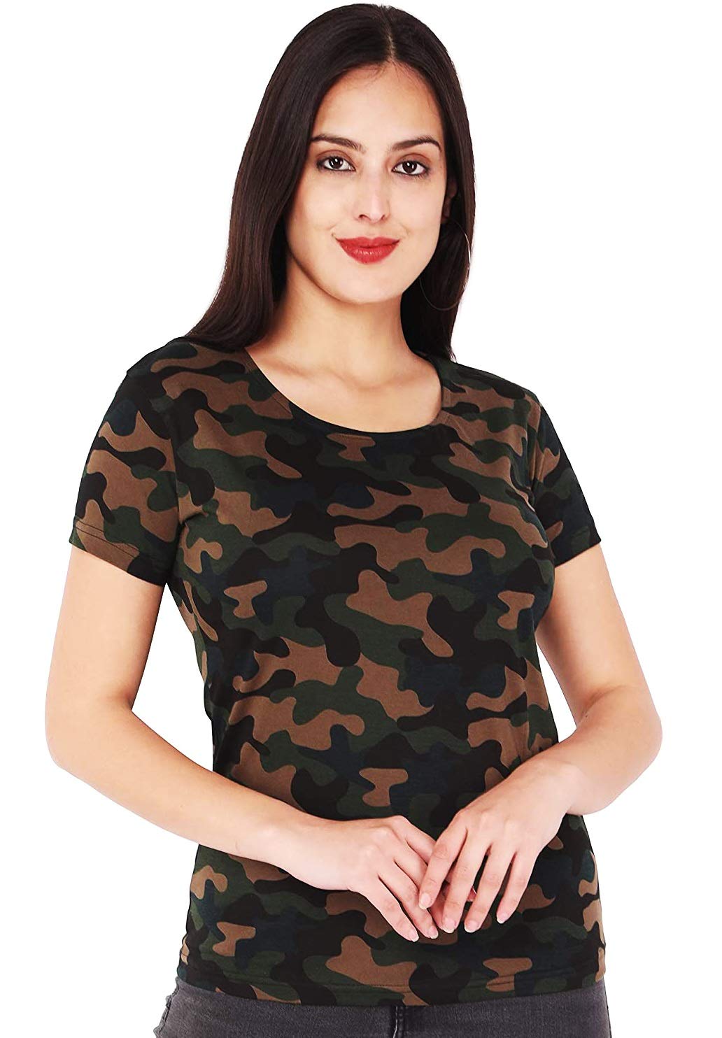 Veirdo100% Cotton Round Neck Half Sleeves Regular Fit Camoflauge T-Shirt for Women/Girls (TSH_99GL_CAMO)