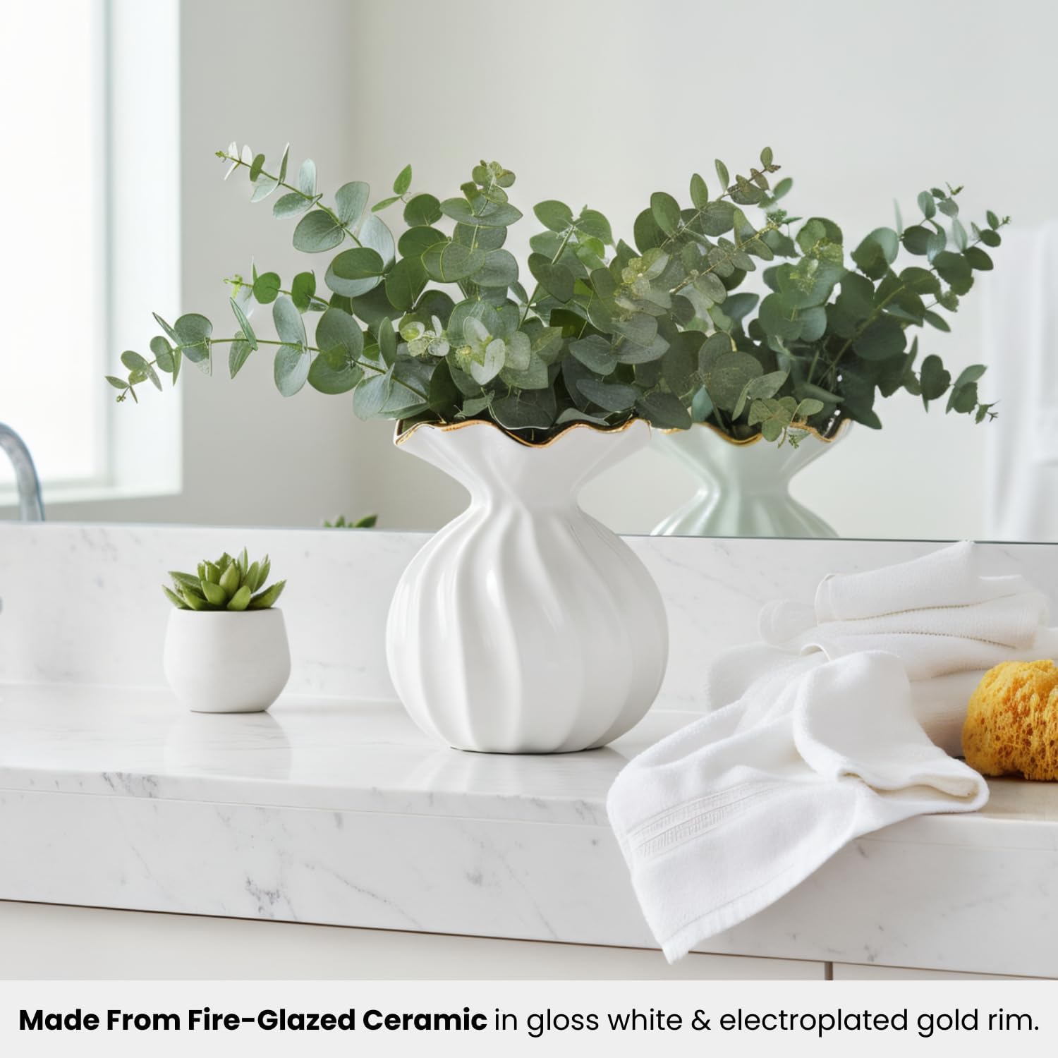 Torre & Tagus 6.5" Ruffled Gloss White Ceramic Vase with Gold Rim for Modern Home Decor - Sculptural White and Gold Vase for Flowers, Centerpieces and Living Room Styling (Talia)