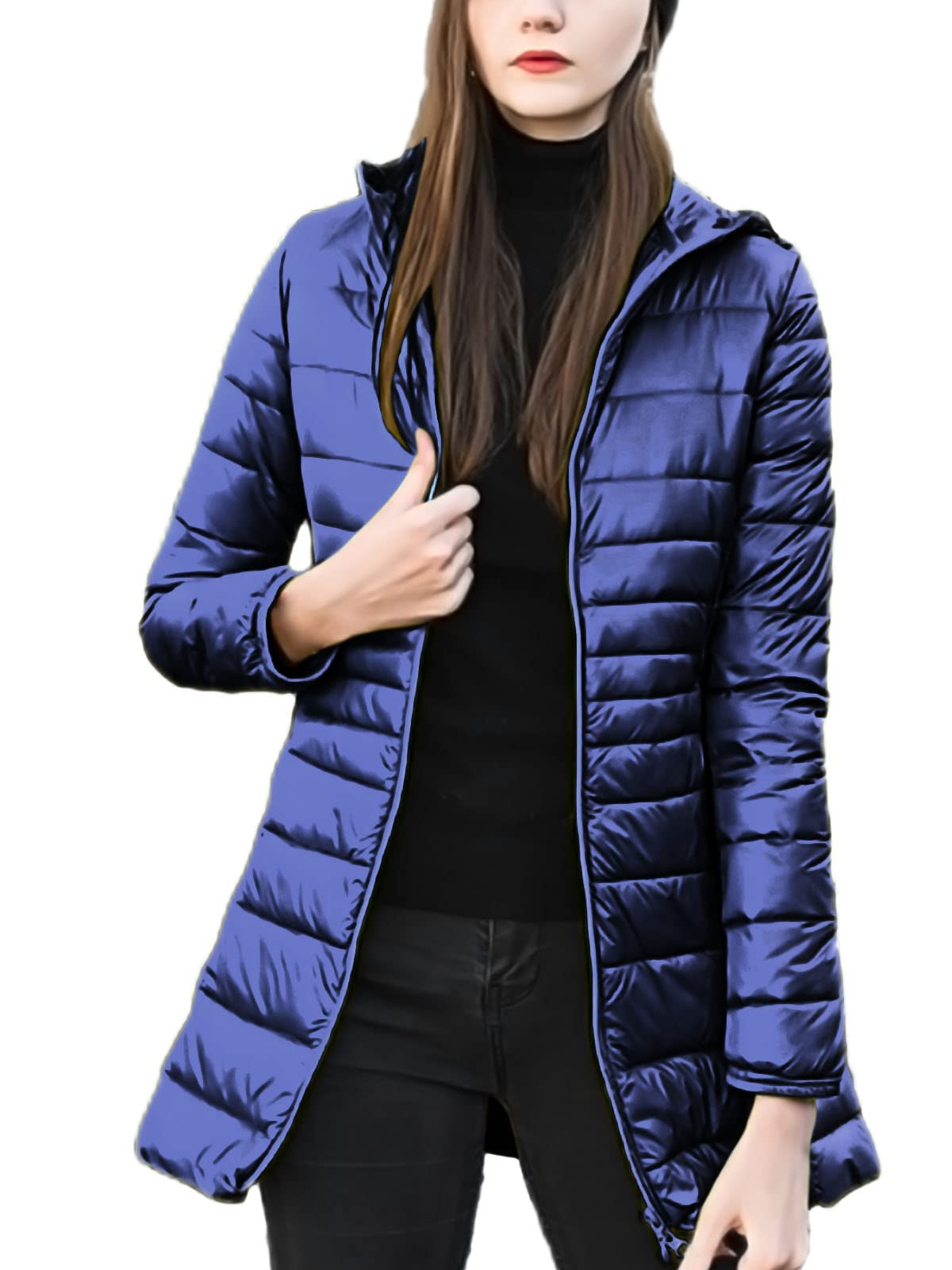 4How Women's lightweight down jacket, medium-length, slim coat with hood