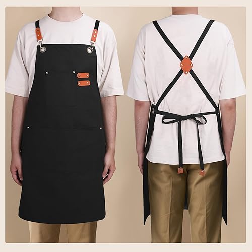 Miniatura 7 de Delantales de chef para hombres y mujeres con bolsillos grandes, delantal de cocina de lona de algodón repelente al agua para cocinar