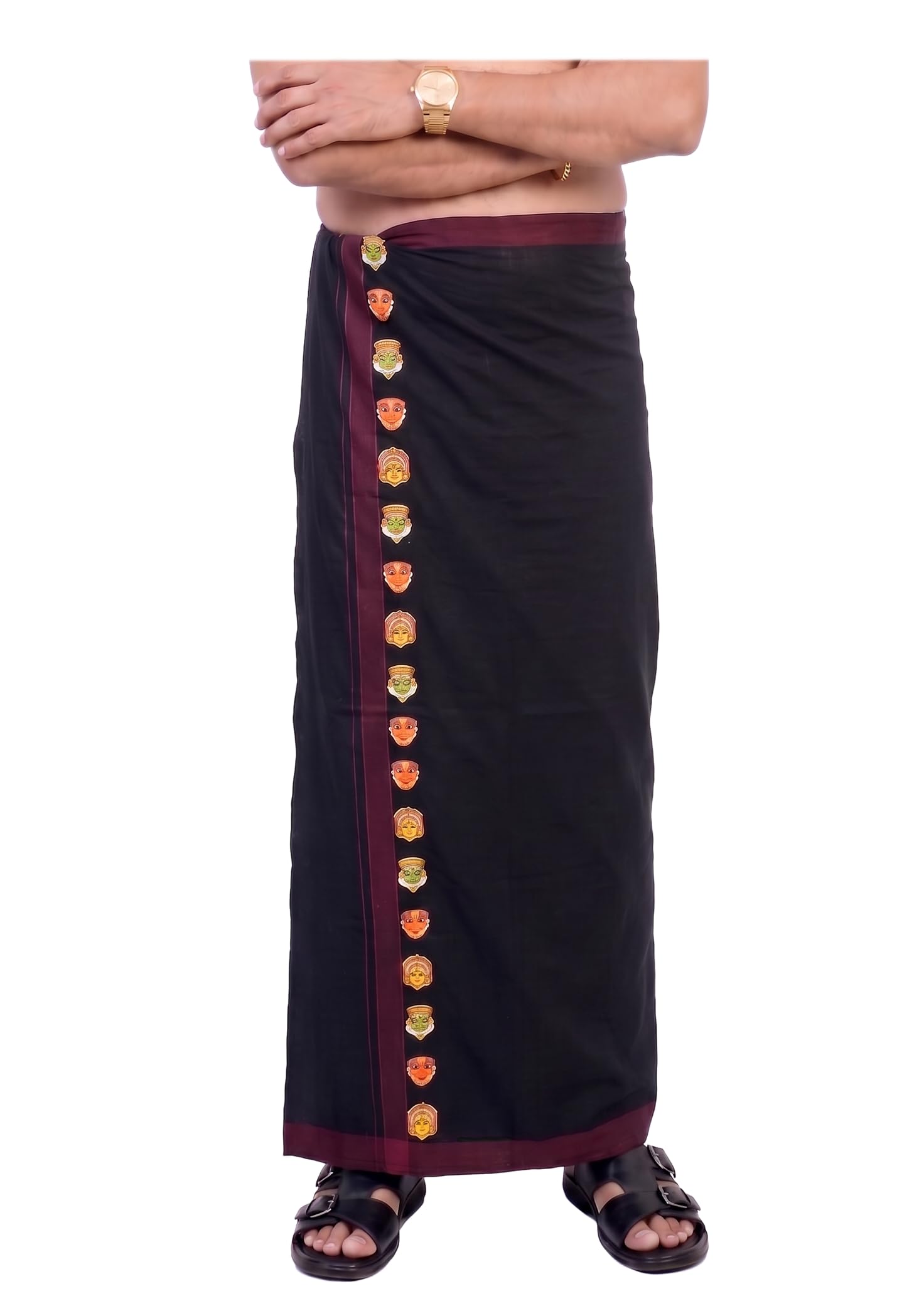 Mens Kerala Traditional Kathakali Printed 100% Cotton Stunning Black Dhoti 2 Mtr Mundu/Vesti | Graphic Matt Finishing Print | Onam Festival Wear-picture-17