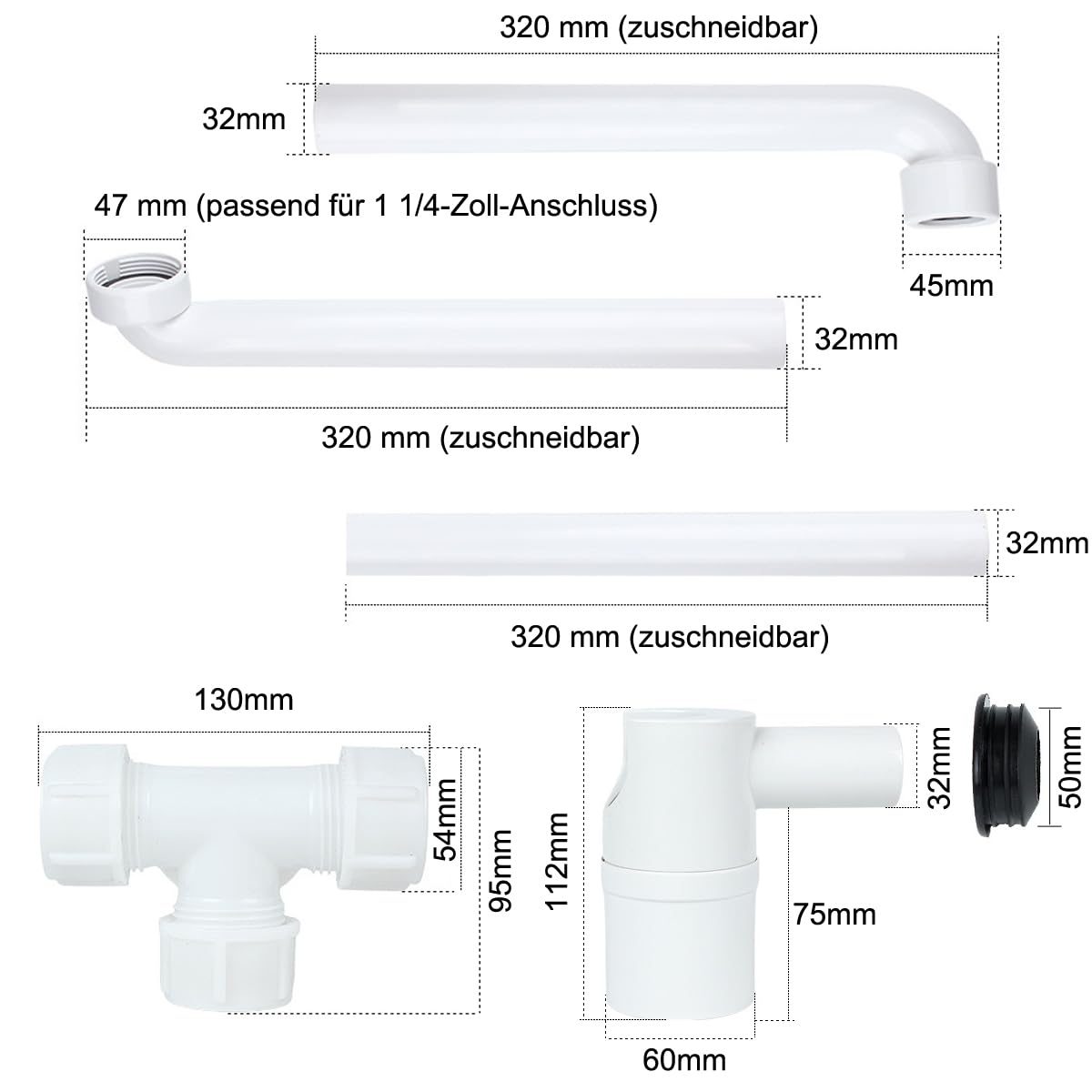 Sifone doppio per lavabo, sifone tubolare salvaspazio per bagno, G 1 1/4" (DN32), scarico per lavabo, con apertura per la pulizia e filtro per capelli, sifone da bagno