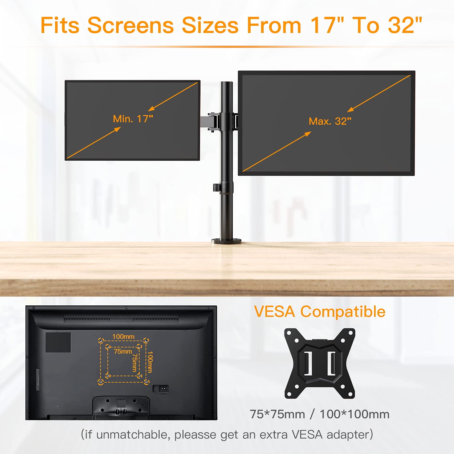ErGear Dual Monitor Stand Mount, HeavyDuty Fully Adjustable Desk Clamp