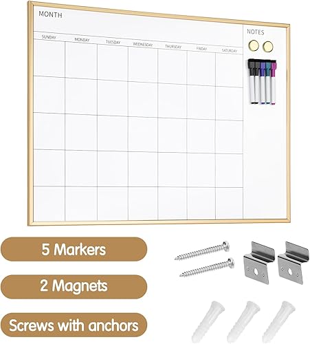 Vista 12 de VUSIGN Pizarra magnética mensual blanca, 17 x 23 pulgadas, calendario de borrado en seco para pared, oficina, escuela, hogar, marco de madera dorado
