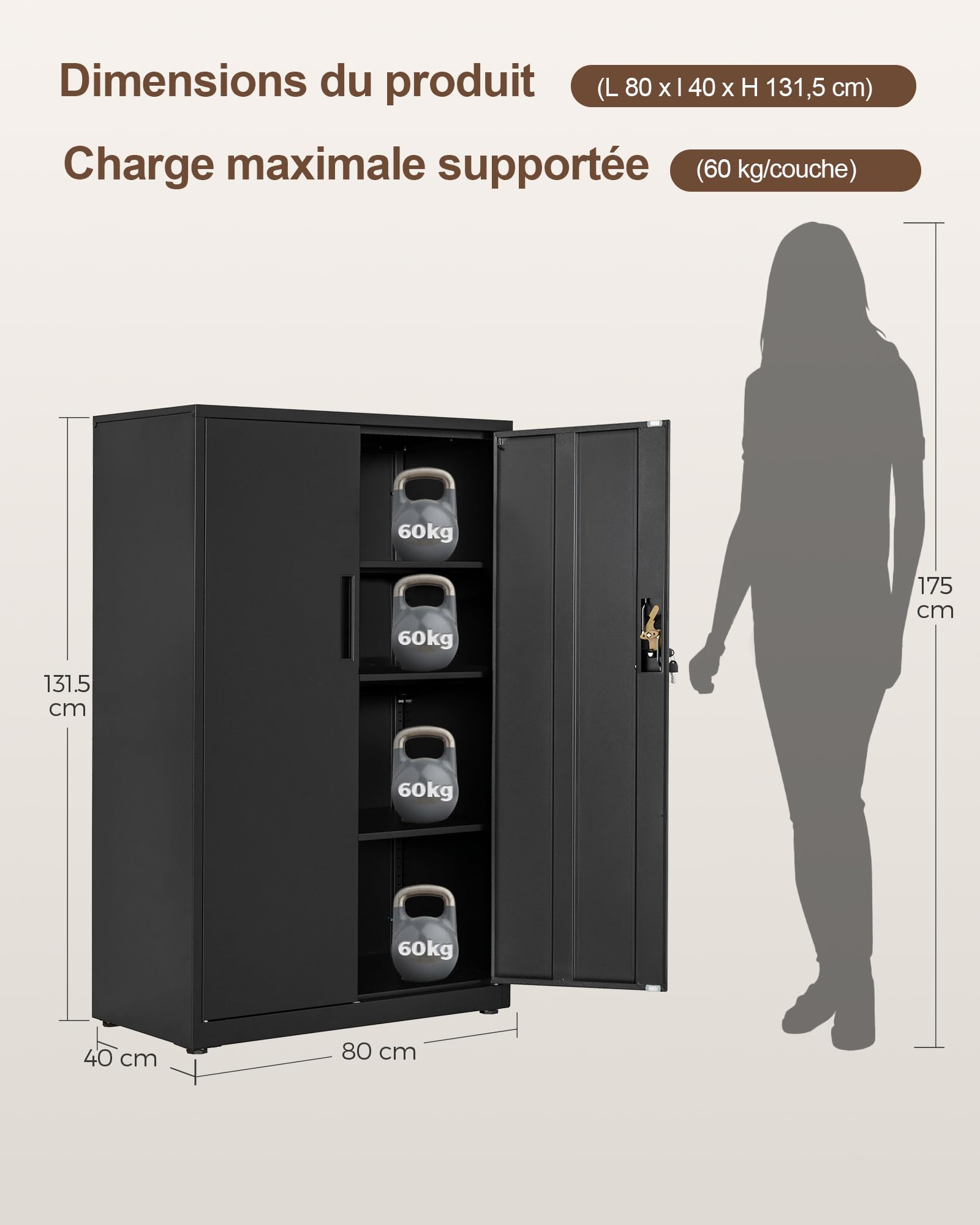 LAND·VOI Armoire en Acier 4 Niveaux avec Serrure Étagères Réglables Portes Battantes Armoire de Bureau Rangement Métallique pour Bureau Garage Cuisine Atelier 80×40×131.5 cm Noir