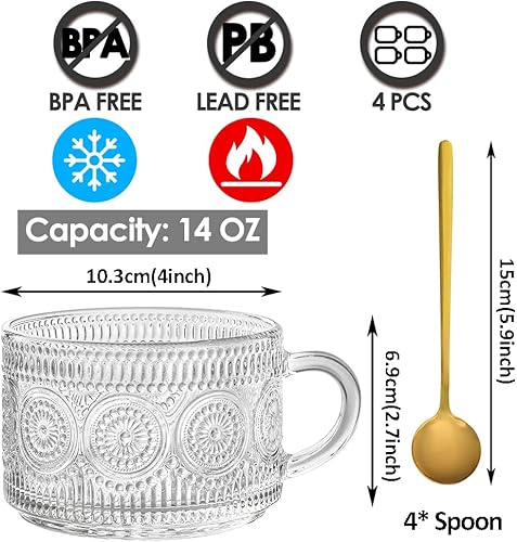 Miniatura 2 de Juego de 4 tazas de café de vidrio vintage, tazas de café de vidrio en relieve de 14 onzas para cereales, yogur, latte, tazas de desayuno