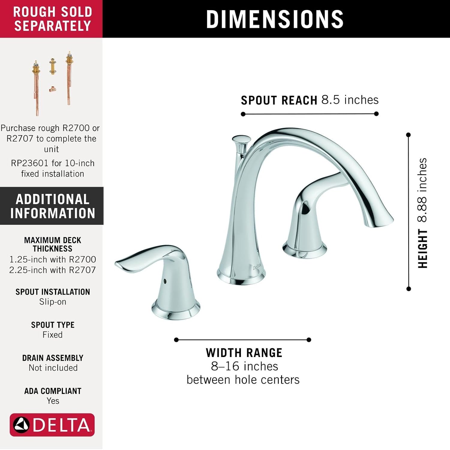 Delta Faucet Lahara 2-Handle Widespread Roman Tub Faucet, Chrome Tub Faucet, Roman Bathtub Faucet, Delta Roman Tub Faucet, Tub Filler, Chrome T2738
