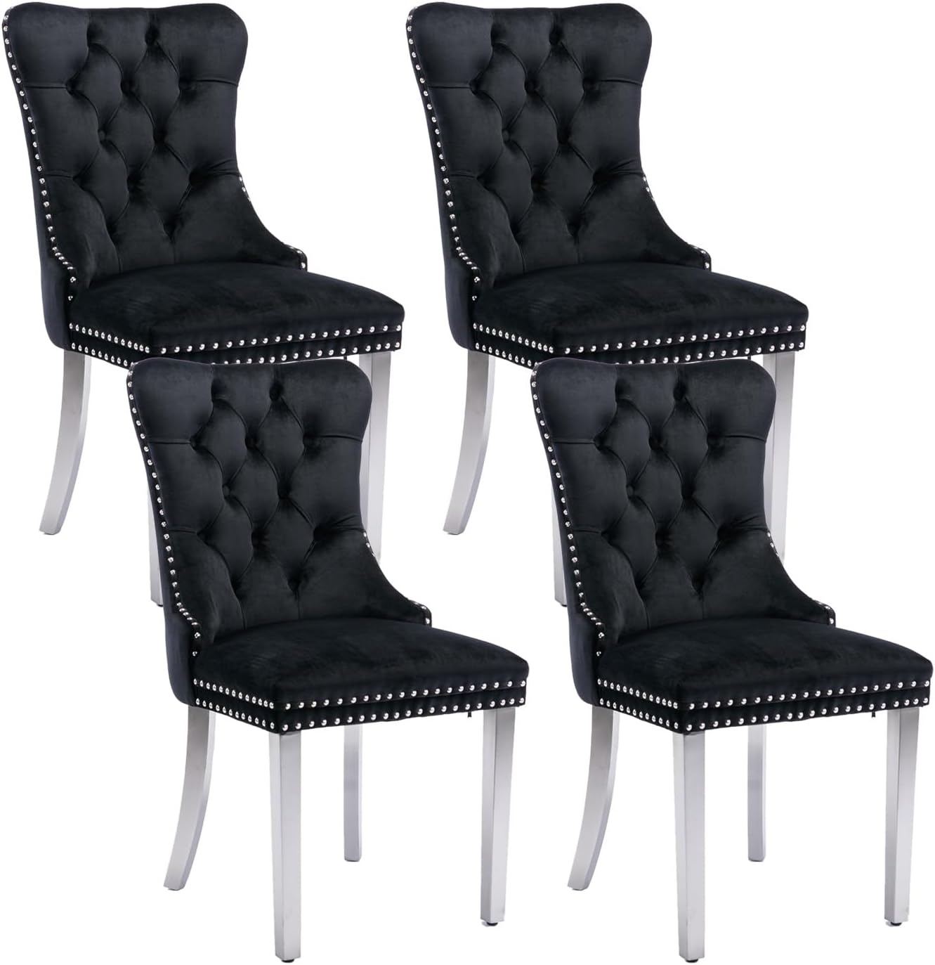 Shenyon Velvet Dining Room Chairs Set of 4 Kitchen Chairs Set of 4 Upholstered Chairs with High Backrest Rivets Decoration and Silver Stainless Steel Legs Modern Upholstered Chairs for Dining Room Black