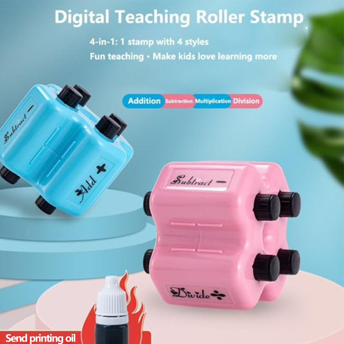 4 in 1 Math Roller Stamp Set, Mathematical Operations Math Stamp Roller with Refill Ink, Addition Subtraction Multiplication Division Practice Tool for Kids, Classroom & Home Use (Pink)
