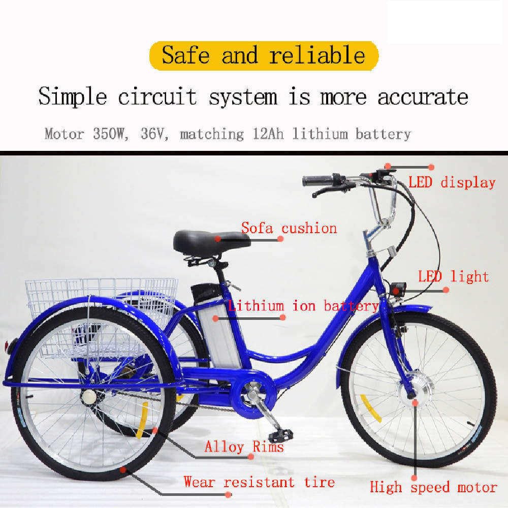 Tricycle électrique pour Adultes, Vélo à 3 Roues 24 Pouces, Grand Panier + écran LCD, Capacité De Charge 150 Kg, pour Les Achats Et Les Voyages des Personnes âgées Blue