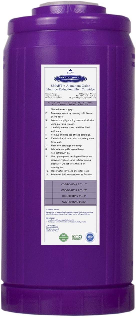 Crystal Quest SMART + Aluminum Oxide Water Filter Cartridge – Reduces Fluoride & Chlorine – 1-Micron Filtration for Clean, Great-Tasting Water – Long-Lasting Performance 2-7/8" x 9-3/4"