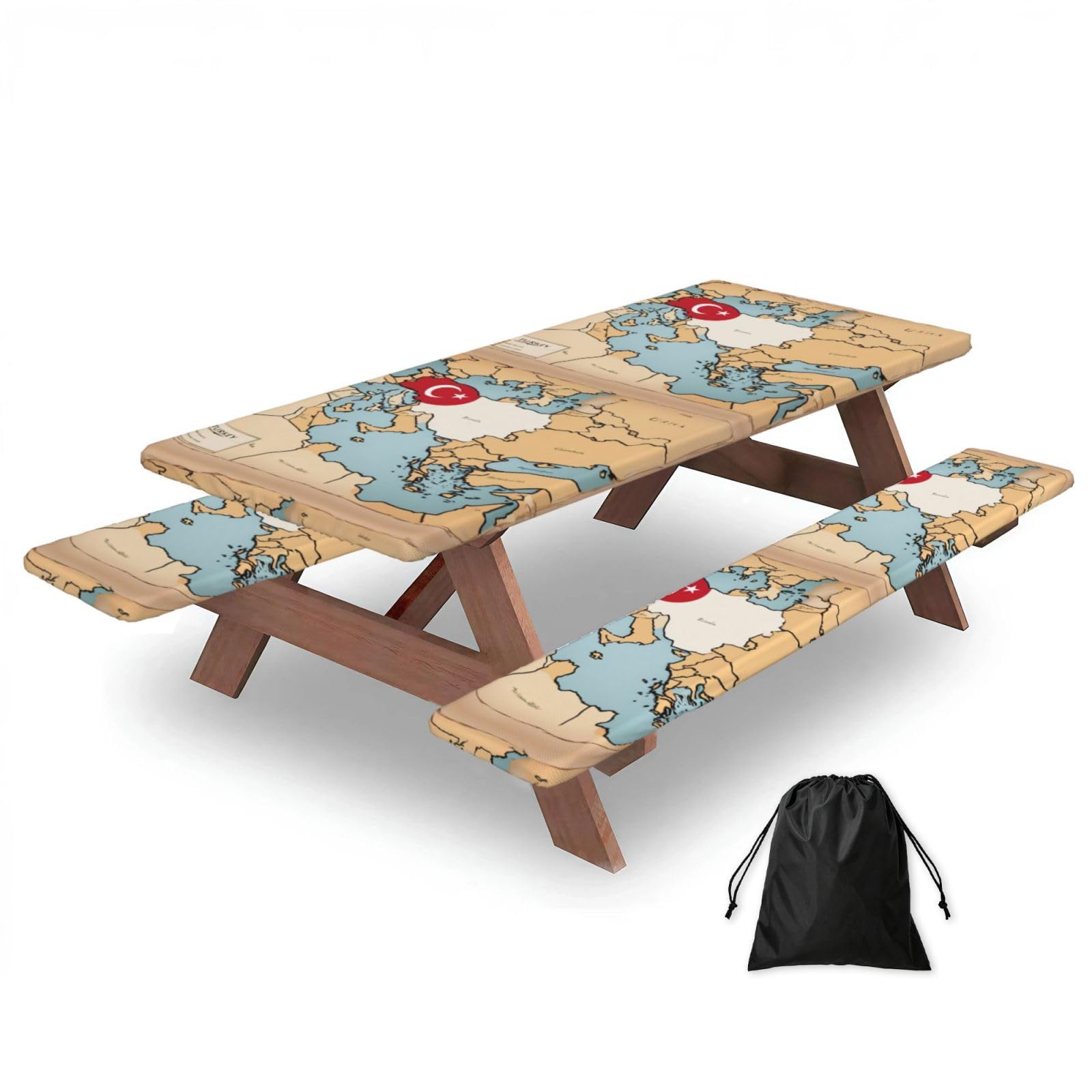 Duwaa Black Distribution Map Of Turkey Print 183Cm Picnic Table Cover With Bench Covers, Waterproof Elastic Tablecloth Set For Outdoor