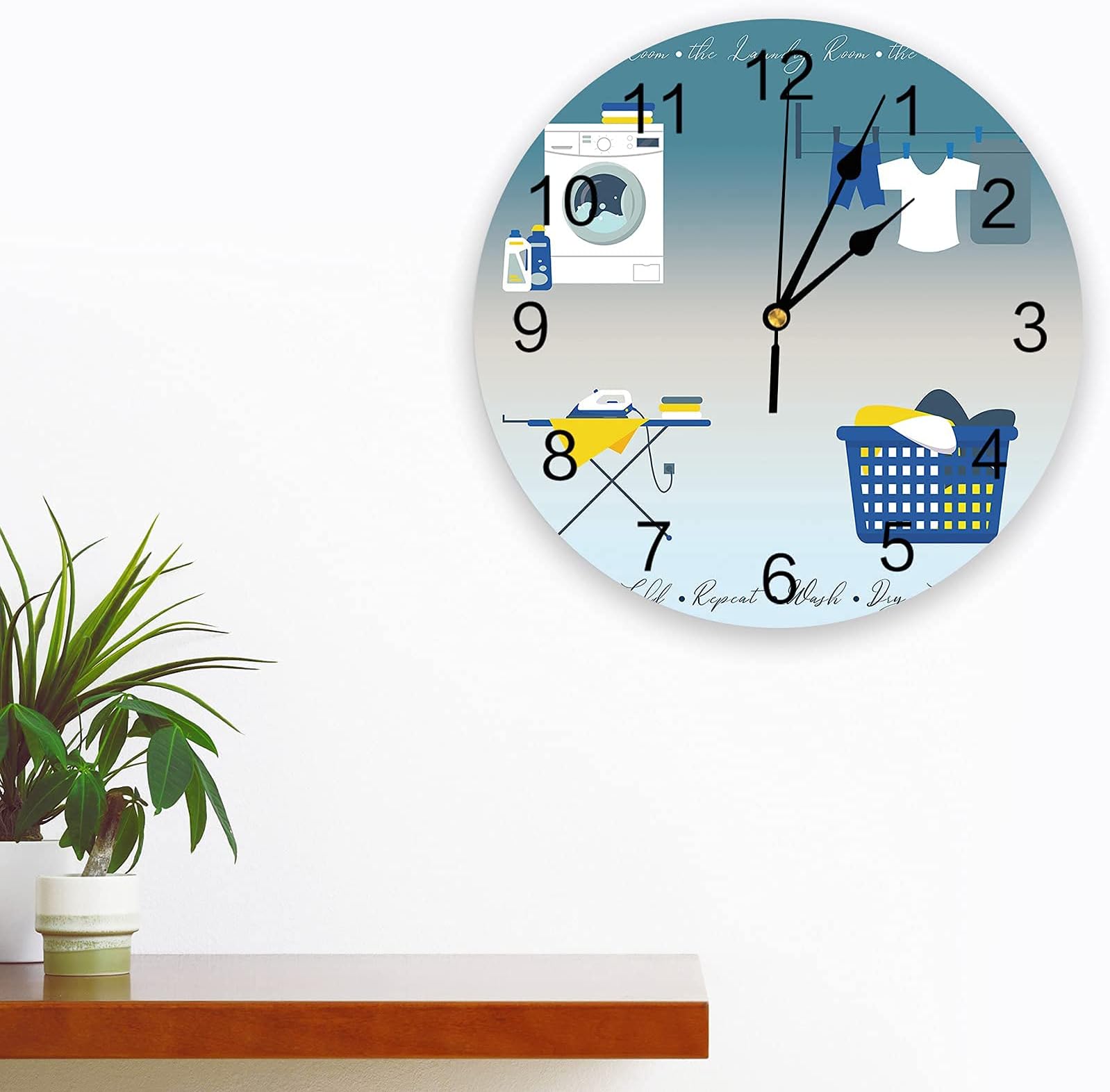 Silent Non-Ticking Wall Clocks Laundry Room Washing Machine Clothes Gradient Background Quality Quartz Battery Operated Wall Clocks with Arabic Numerals,Round Wall Clocks Decor