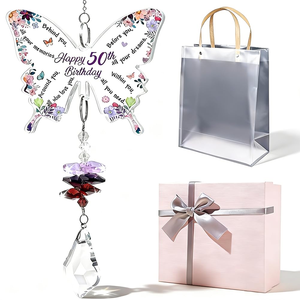Clkdpno Women's Purple, Metallic 50Th Birthday Gifts For Butterfly Acrylic Crystal Suncatcher Gifts, Unique 50 Years Old Presents For Mum Wife Sister, 1975 Birthday Gift For Friend Bestie With Gift Box & Bag