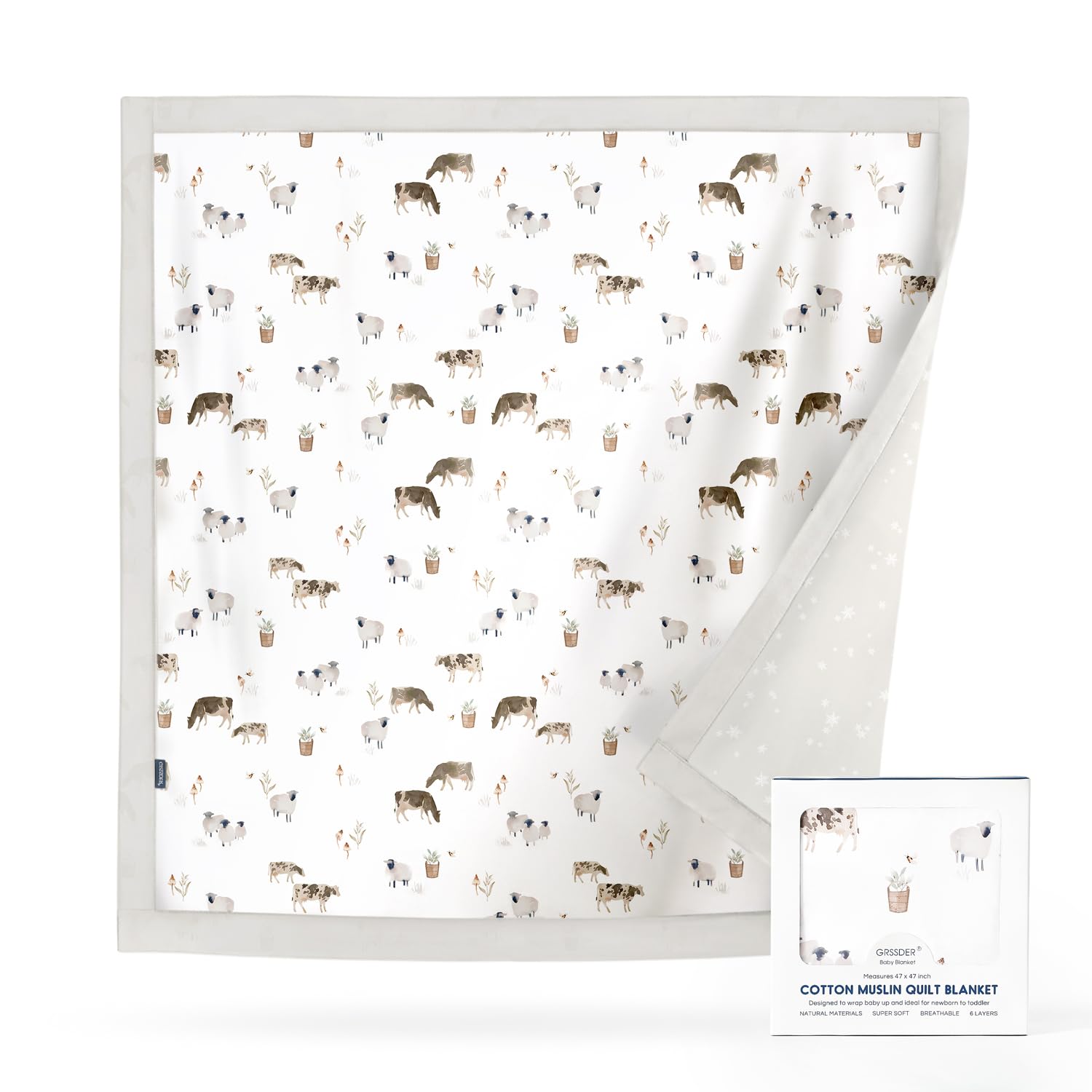 GRSSDER Cotton Muslin Quilt Blanket - Silky Soft and Breathable Baby Blanket Quilt, Oversized Muslin Blankets for Newborns, Toddlers &amp; Kids, 6 Layers Reversible Design for All Seasons, 47" x 47"