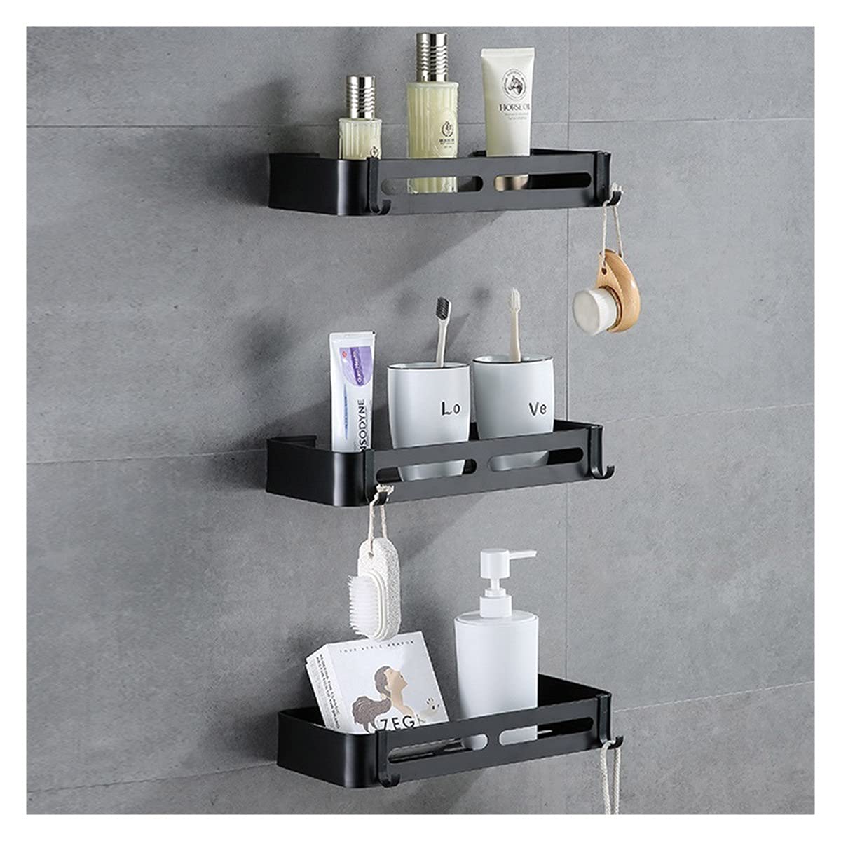 ZTBH Bathroom Shelves Bathroom Black Shelf, Corner Shelves, Towel Rack with Hook Shampoo Holder Storage Rack Bathroom Organizer (Color : Black 3)