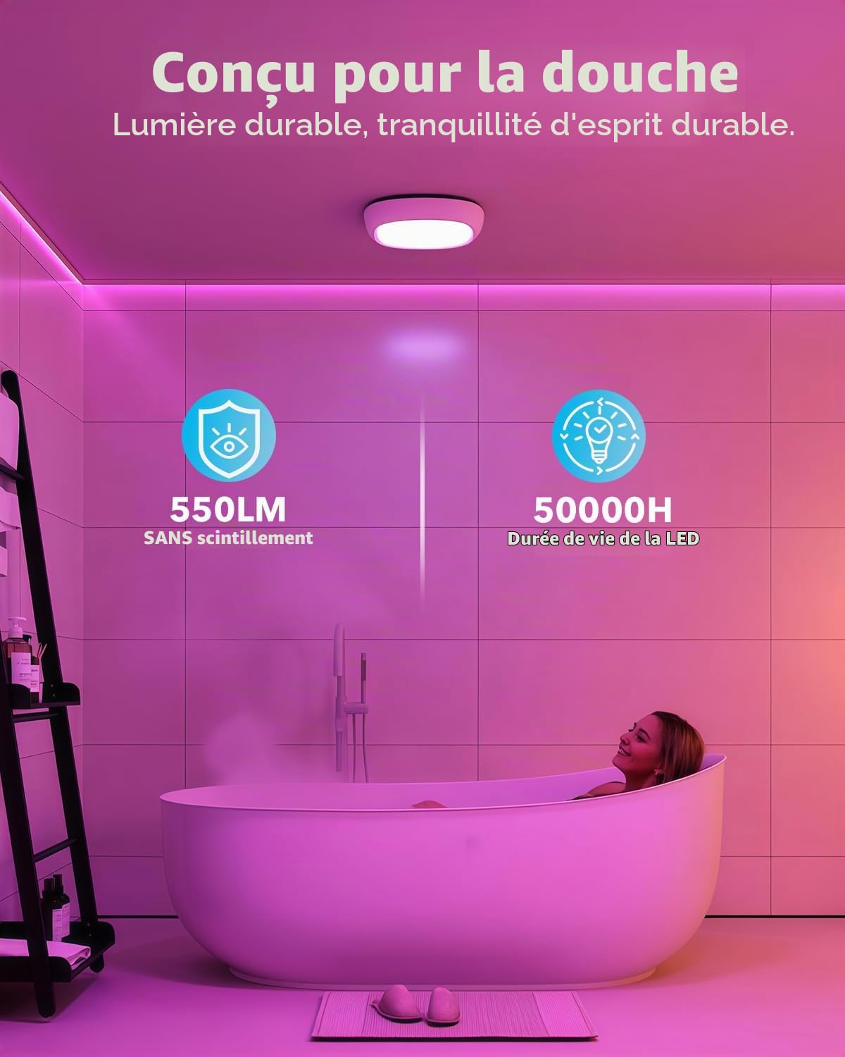 Plafonnier Rechargeable Sans Fil RGB, Lumiere Douche Etanche IP54