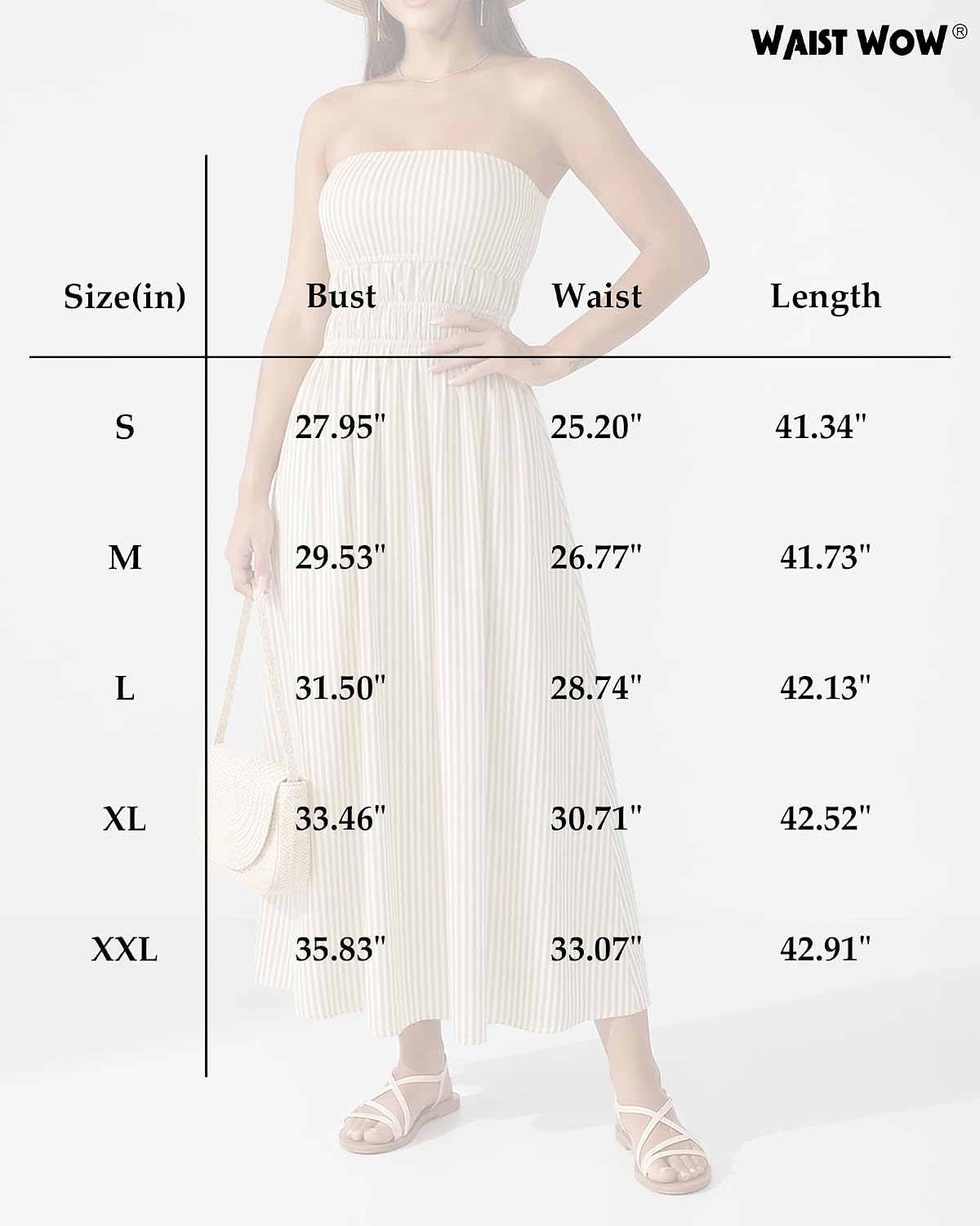 Waist Wow Women Striped Strapless Maxi Dress Casual Smocked Tube Top Long Dresses Beach Vacation Flowy Sundress with Pocket