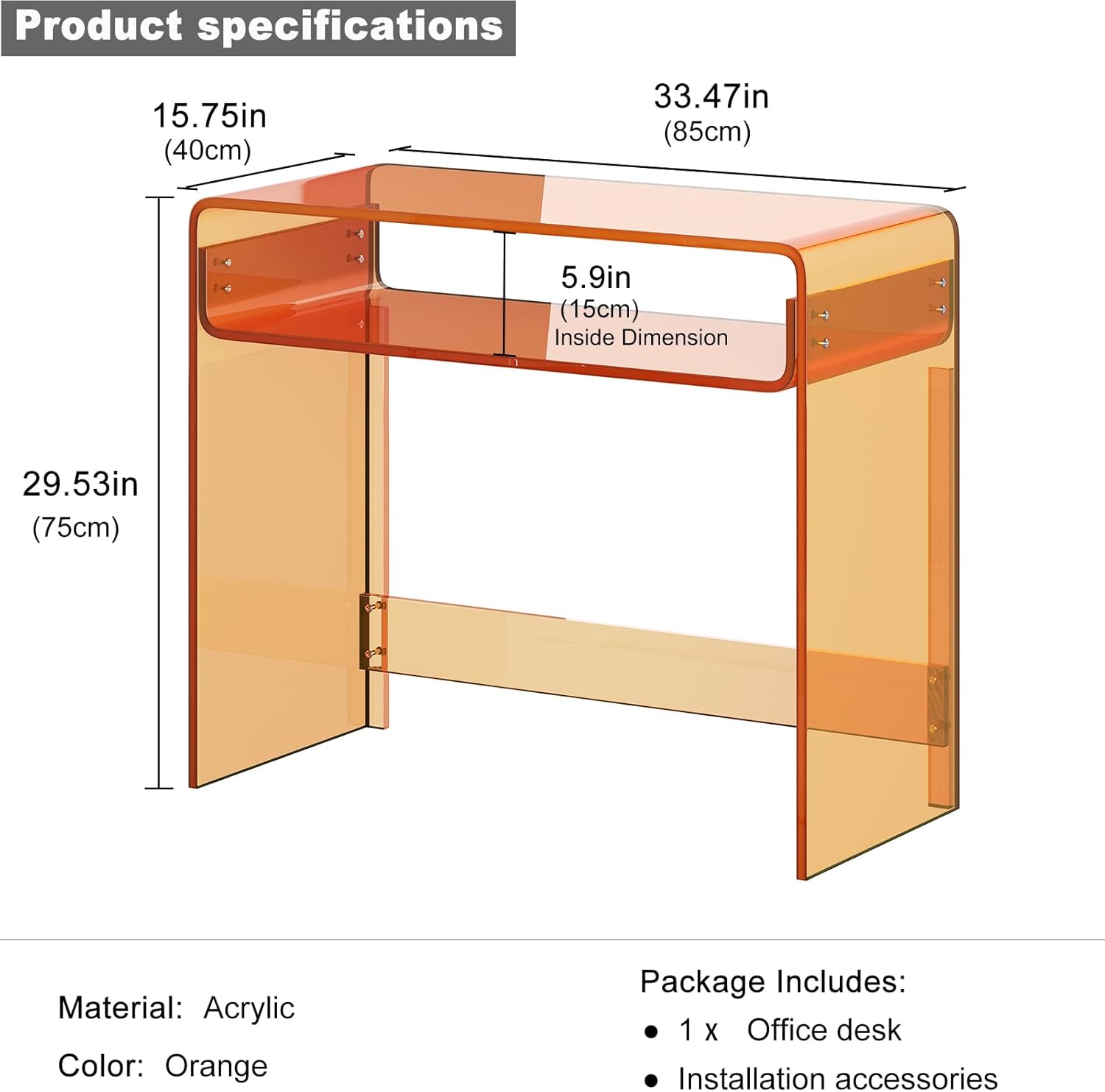 Acrylic Office Desk, Modern Laptop Writing Study Table with Open Storage, Orange Console Entryway Table, 33.5" L x 15.8" W x 29.5" H, for Home, Bedroom