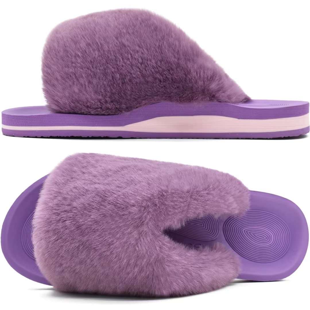 COFACE Womens Fuzzy Slides Fluff Faux Fur House Slippers Open Toe Slip On Soft Memory Foam Slippers with Arch Support Indoor Outdoor,Clearance