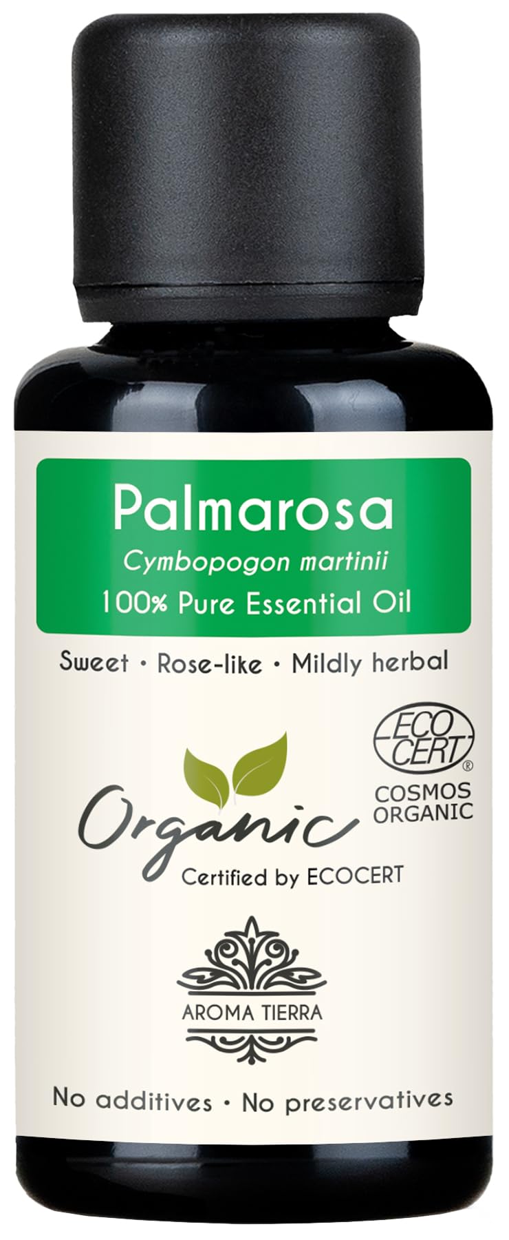 Aroma Tierra Organic Palmarosa Essential Oil 30ml - 100% Pure - Fresh, Rosy & Sweet Aroma - For Skin Care, Diffuser, Aromatherapy & Perfumery