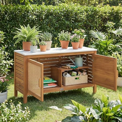 Goplus Outdoor Console Table Acacia Wood Patio Storage Cabinet with Fax Marble Top Rattan Doors Inner Shelves & Hidden Compartment Outdoor Sideboard for Patio (Rattan Door)