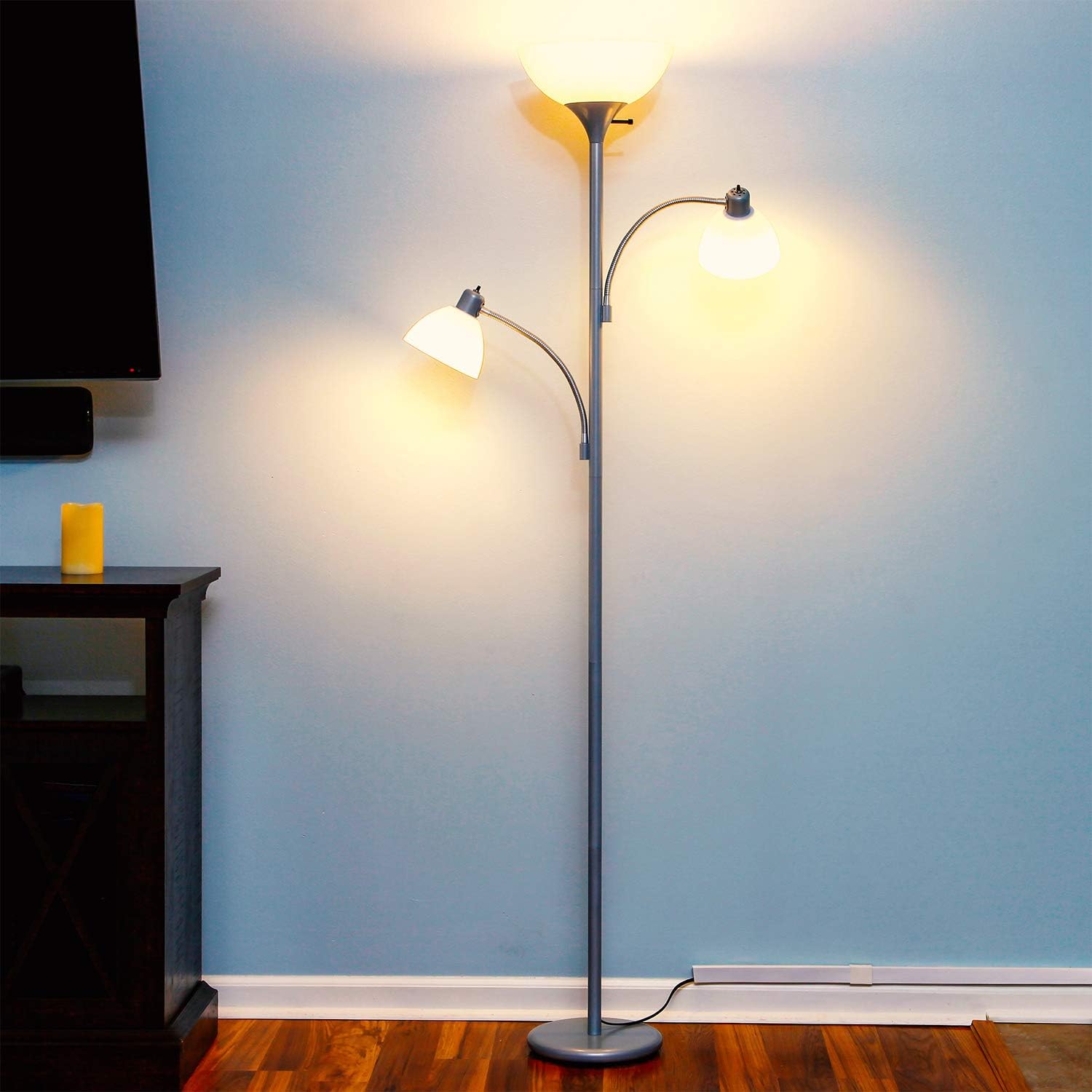 Brightech Sky Dome Double LED Floor lamp, Torchiere Super Bright Floor Lamp with 2 Reading Lamps for Living Rooms & Offices - Dimmable Tall Standing Lamp for Bedroom Reading - Tall Silver Pole
