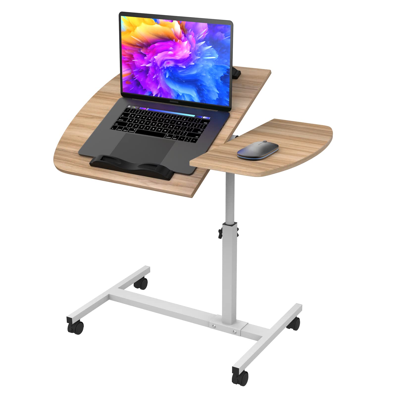 PIPIPOXER 60x40cm Table Roulante pour Lit Canapé avec Bandes Antidérapantes, Bureau Mobile Réglable en Hauteur 61-95cm, Bureau Informatique 4 Roulante Verrouillable, Table Roulante pour Chambre,Bois