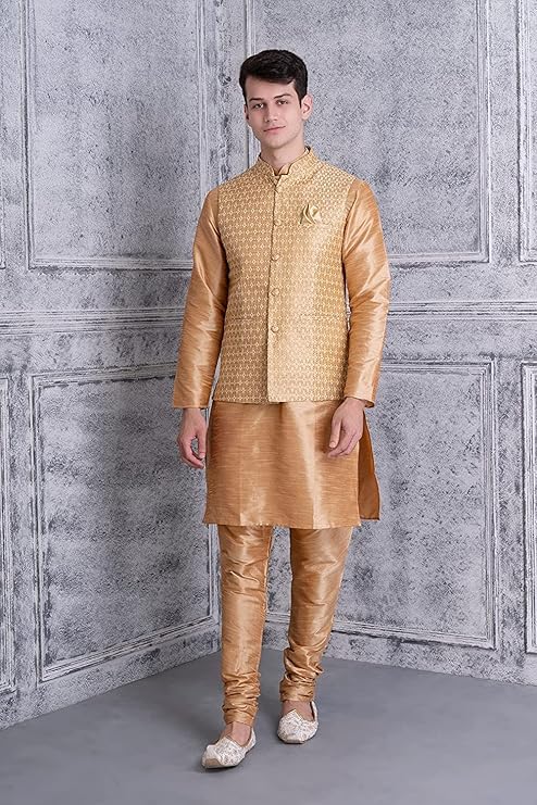 Image of Uri and MacKenzie Men's Silk Blend Kurta Churidar Pyjama with Stylish Nehru Jacket