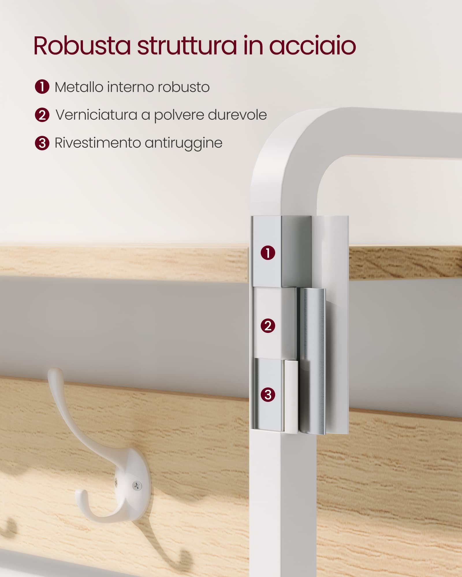 VASAGLE Appendiabiti con Scarpiera a Ribalta, Mobile da Ingresso, con Panca, 9 Ganci e Mensola Superiore, per Corridoio Camera da Letto, Stile Moderno, Rovere e Bianco HSR405W09