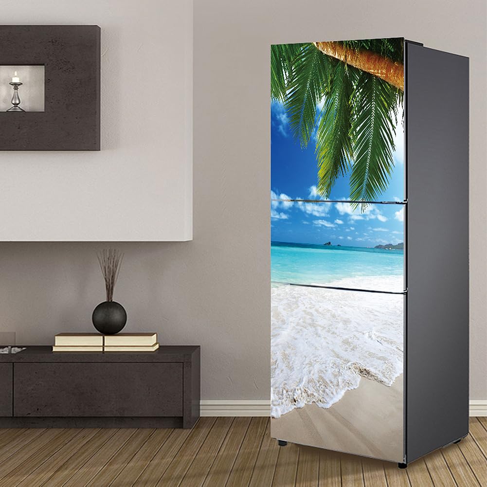 Targawerelax Blue Fridge Wraps Kitchen Fridge Stickers Cover Full Doors, Fridge Sticker Full Covering Door Fridge Covers Skins Wall Stickers For Kitchen Decal, Beach Sky Sea View Palm Tree