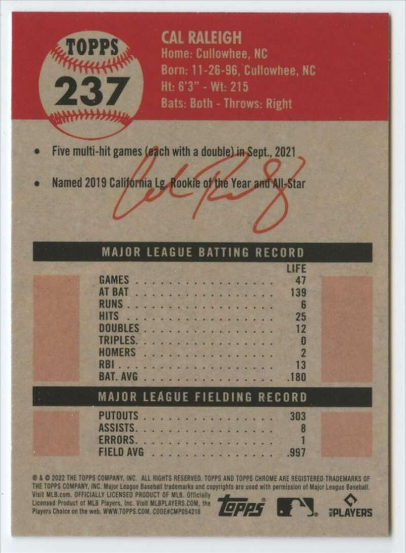 2022 Topps Chrome Platinum Anniversary Baseball #237 Cal Raleigh RC Rookie Seattle Mariners Official MLB Trading Card (Stock Photo Shown, Near Mint to Mint Condition)