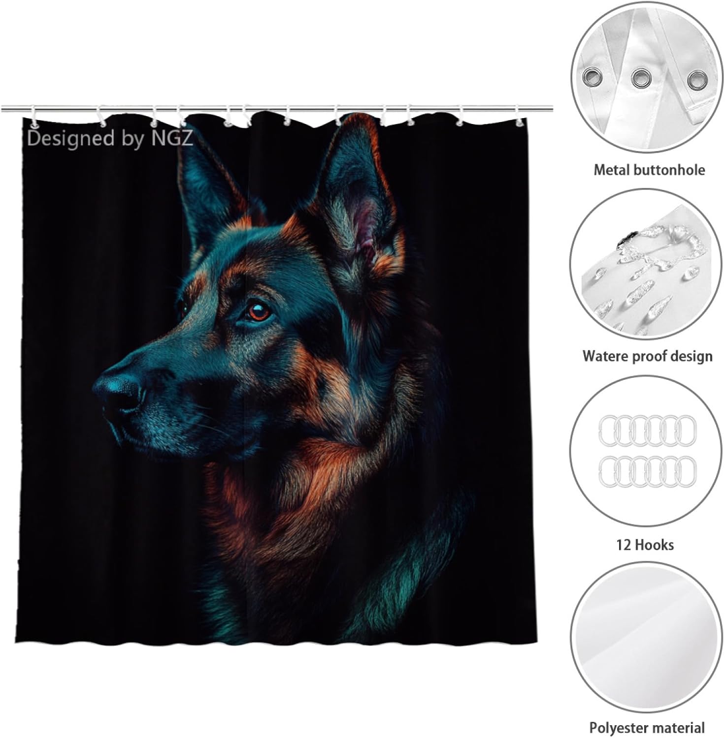 NGZ Black Realistic German Shepherd Painting Shower Curtains for Bathroom, 72x72 Inches, Snow Fabric, Set with 12 Hooks