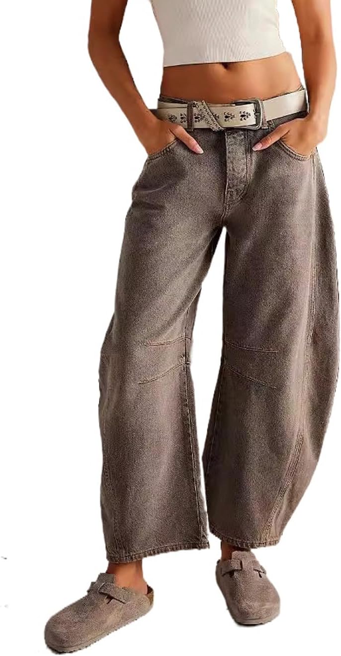 Barrel Jeans Women Mid Rise Wide Leg Baggy Cropped Jeans Y2k Boyfriend Ankle Denim Pants